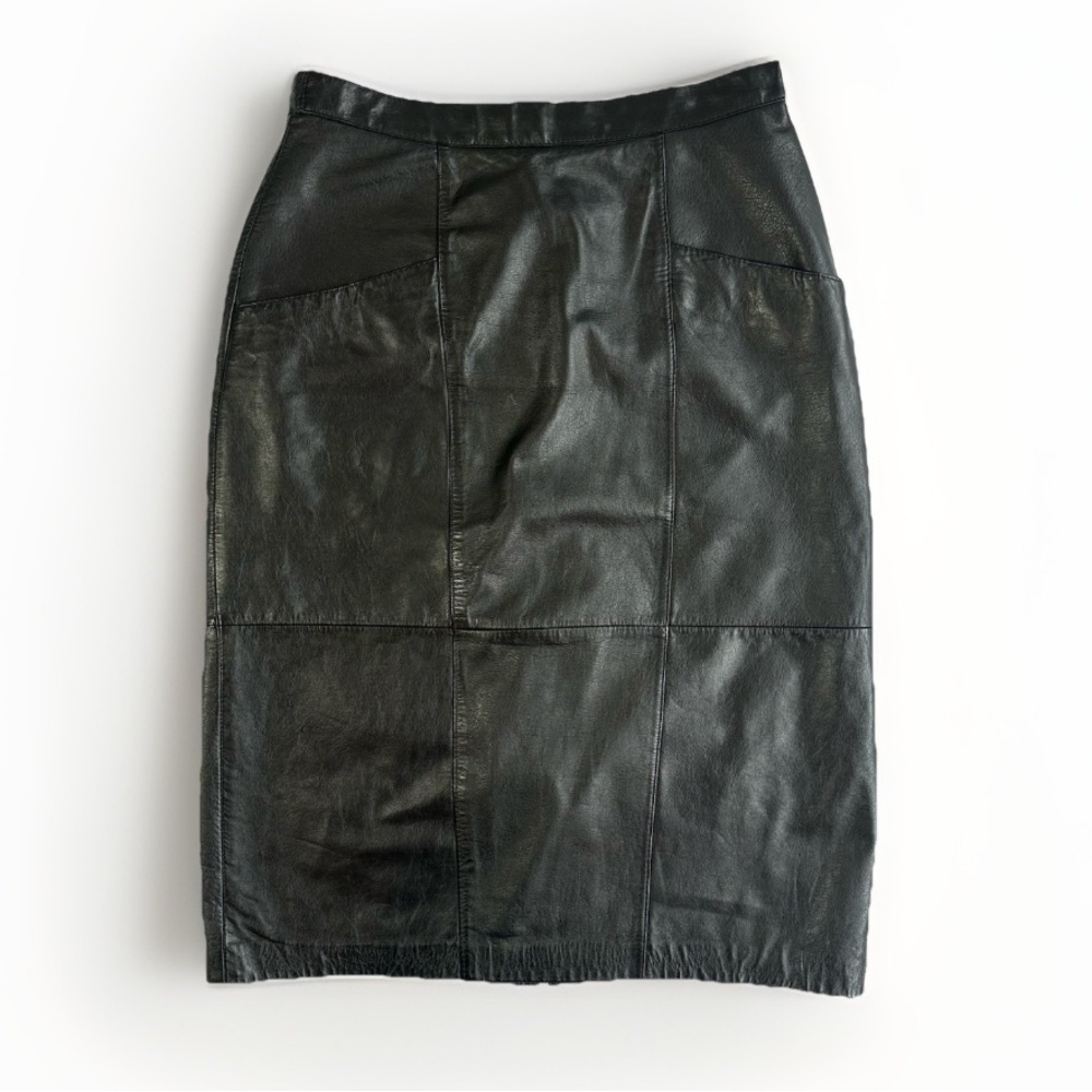 Vintage 90s Jacqueline Ferrar Black Leather Pencil Skirt Pockets Women’s Size 10